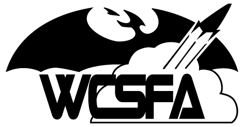 Logo for WCSFA, the West Coast Science Fiction Association. Above the letters WCSFA are a rocket blasting off with a plume of smoke billowing, and behind that is a dragon about to take flight, breathing fire.
